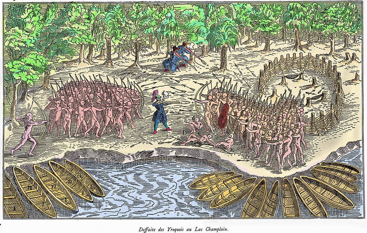 Défaite des Iroquois au lac Champlain (1609), dans Voyages de Champlain, tome III, publié en 1613, puis réimprimé en 1632. Desfaite des Yroq