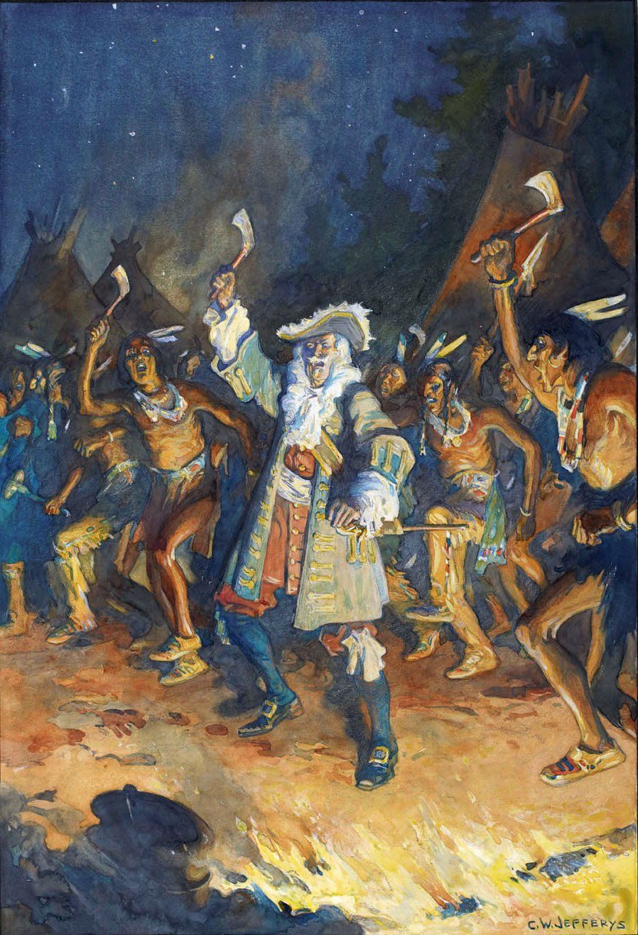 Frontenac with the Indians. LAC description: Frontenac dancing the war dance, 1690. Watercolour over pencil on commercial board. Support: 30