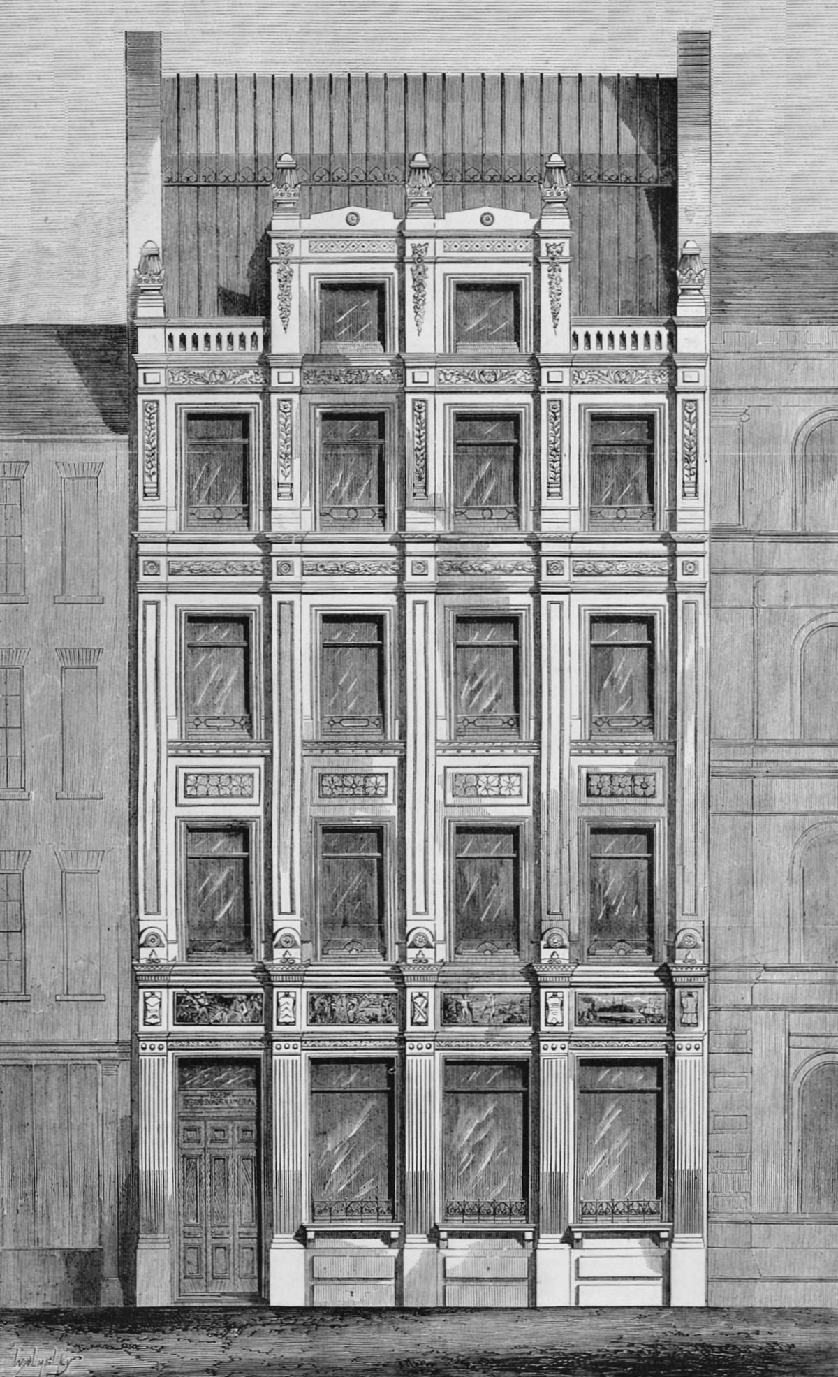Illustration of the Bank of British North America on Clements Lane in the City of London, designed by Mr Chancellor
