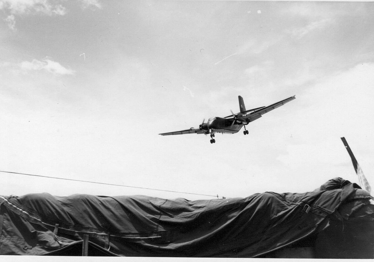 DHC-4 Caribou transport aircraft on landing approach, Vietnam War