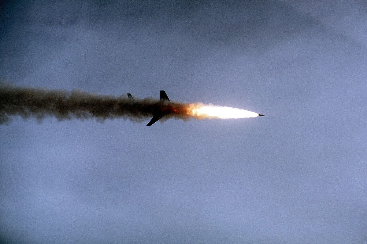 A Canadian Air Forces McDonnell CF-101B Voodoo aircraft of 409 Squadron firing an AIR-2 Genie air-to-air missile during the air-to-air comba