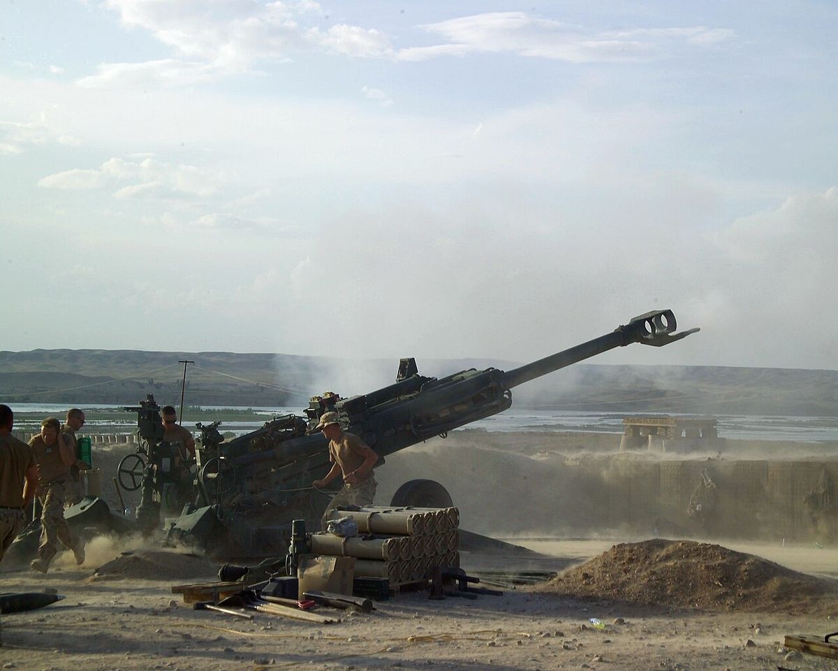 Canadian soldiers fire an M777 155mm Howitzer field artillery gun from a forward operating base in the Helmand Province of Afghanistan.