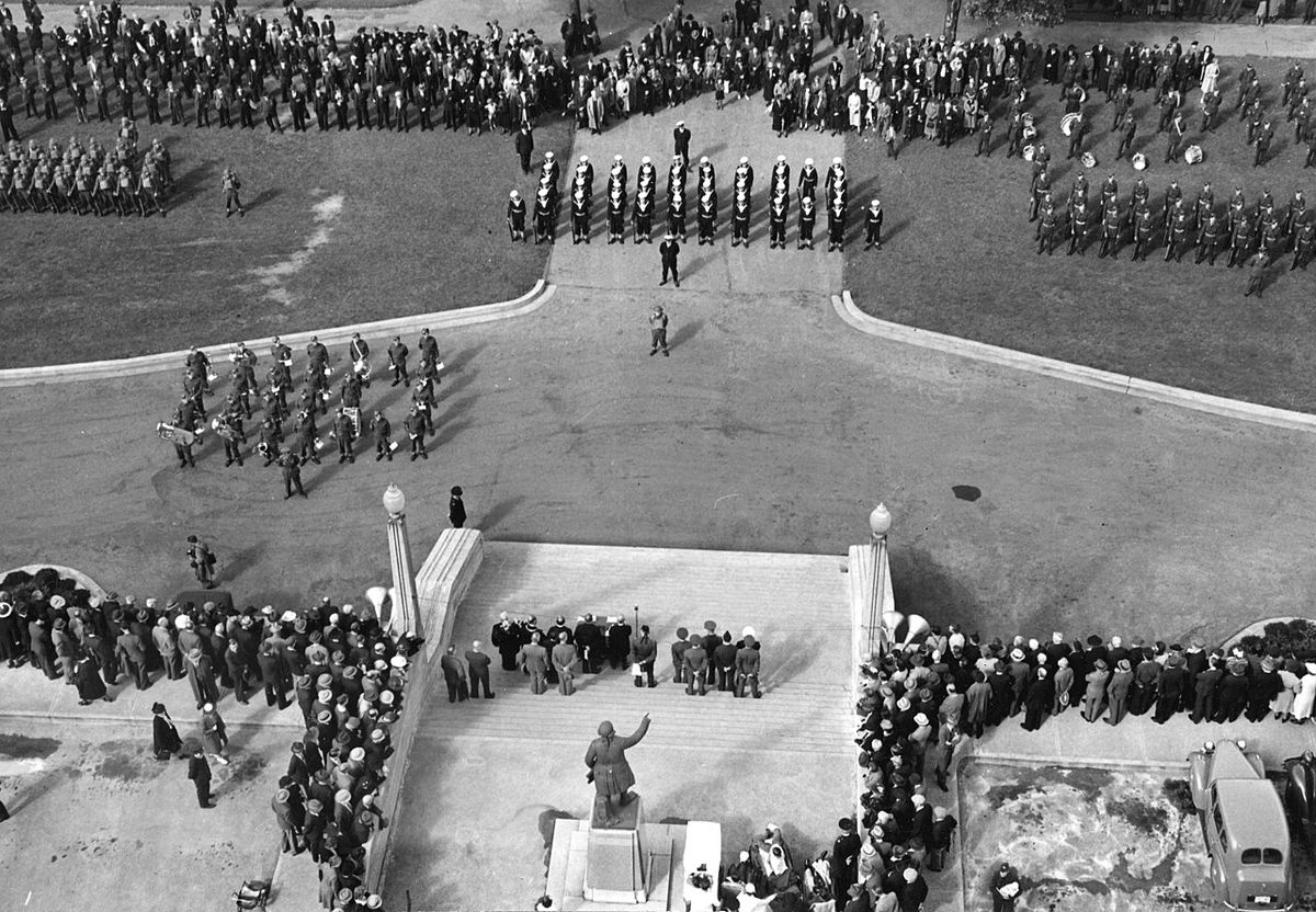 View from City Hall of the Honourable W.C. Woodward, Lieutenant governor making address at ceremony marking Canada's entry into World War II