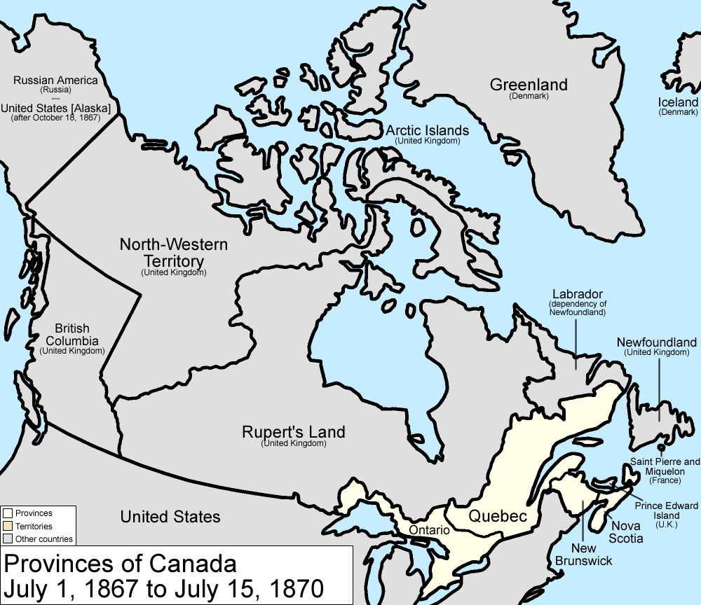 Map of the provinces of Canada as they were from 1867 to 1870. On July 2 1867, the Dominion of Canada was created from three provinces of Br