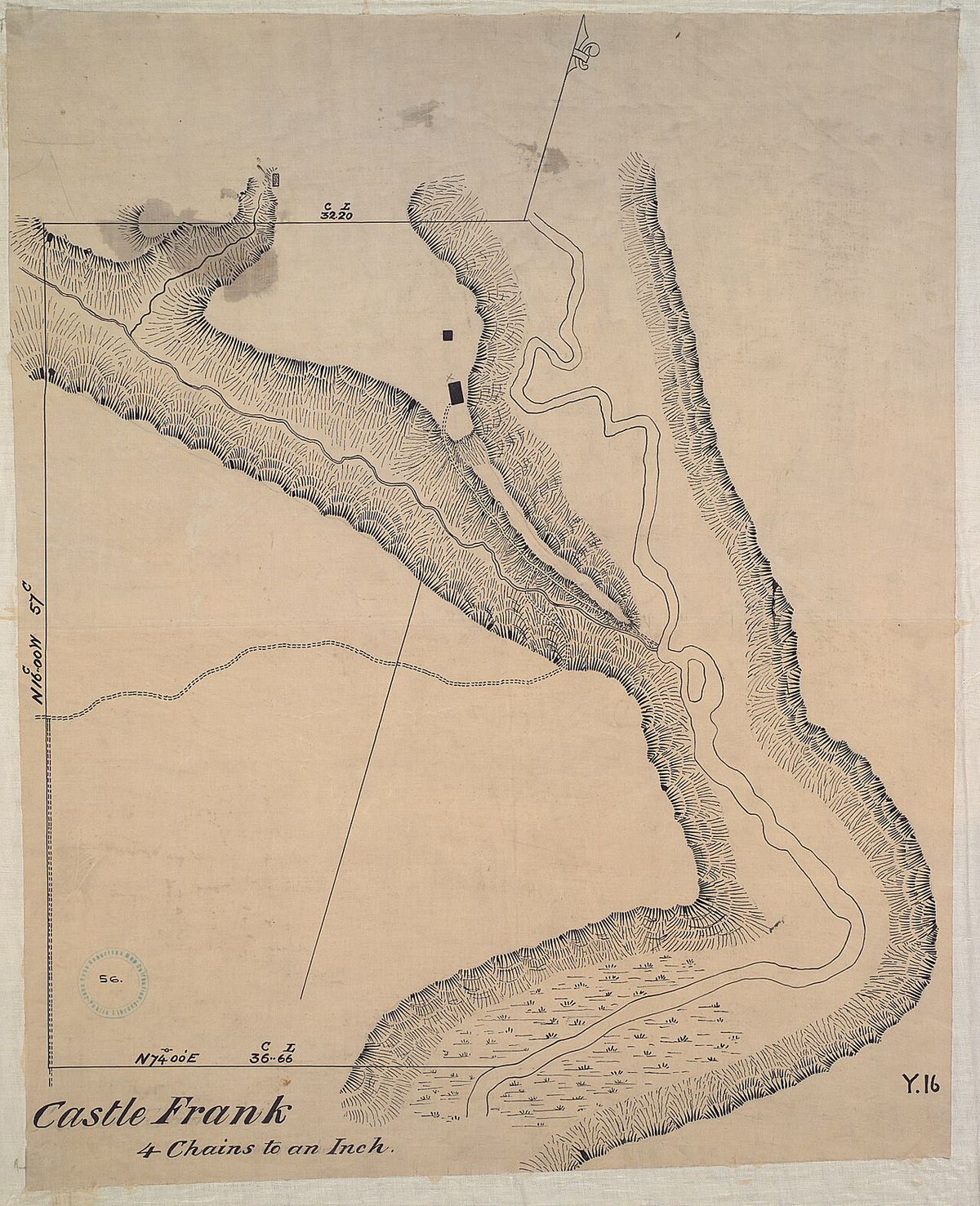 A map of the Castle Frank site made in 1794. The site of the building is marked with a black block. The waterway depicted is the Don River.