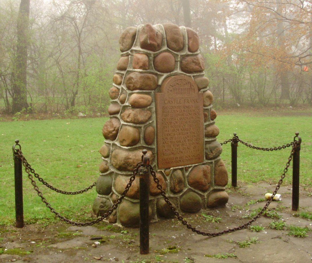 This historical marker, placed by the Don Valley Conservation Authority in 1954, marks the approximate site of John Graves Simcoe's residenc