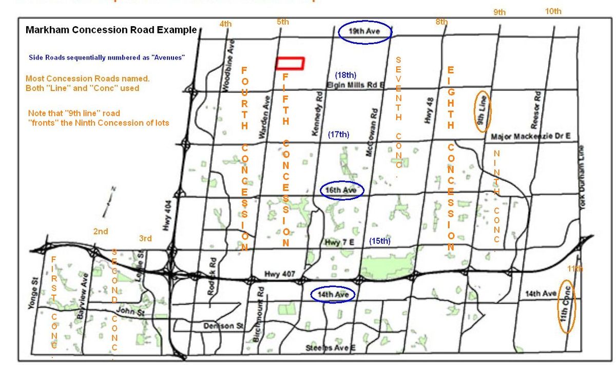 Map showing old concession and sideroad numbers overlaid on modern street or avenue names. Markham used sequential numbering. Note the jogs