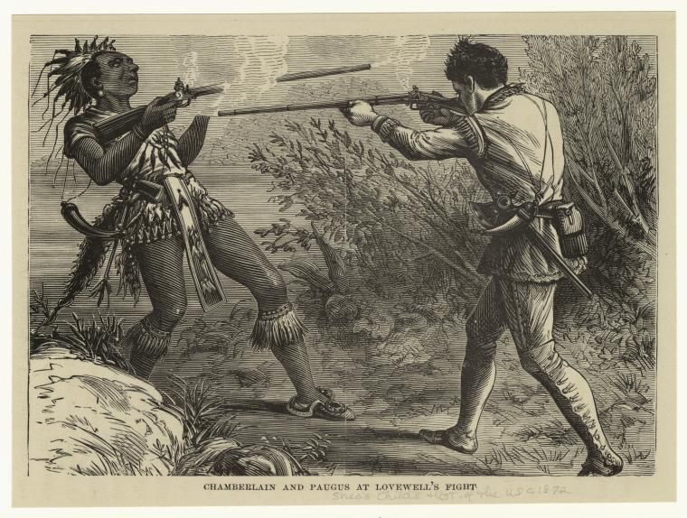 Chamberlaine and Paugus At Lovewells Fight Engraving from John Gilmary Shea A Child's History of the United States Hess and McDavitt 1872.jp