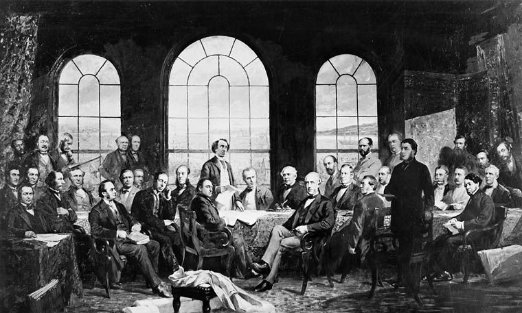 Photo by James Ashfield of Canadian artist Robert Harris' 1884 painting, "Conference at Québec in 1864, to settle the basics of a union of t