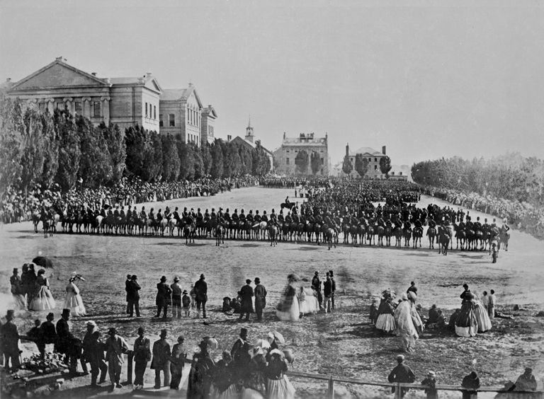 Photograph, Welcome address to returning volunteers from the Fenian Raids, Champ de Mars, Montreal, 1866, copied between 1915 and 1920, Will