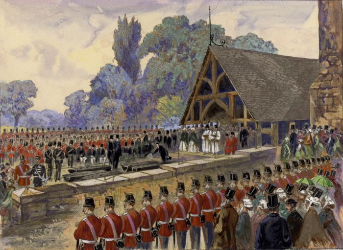 Funeral of Canadian volunteers killed at Ridgeway in the Fenian Invasion (St. James cemetery, Toronto). This wood engraving (coloured with w