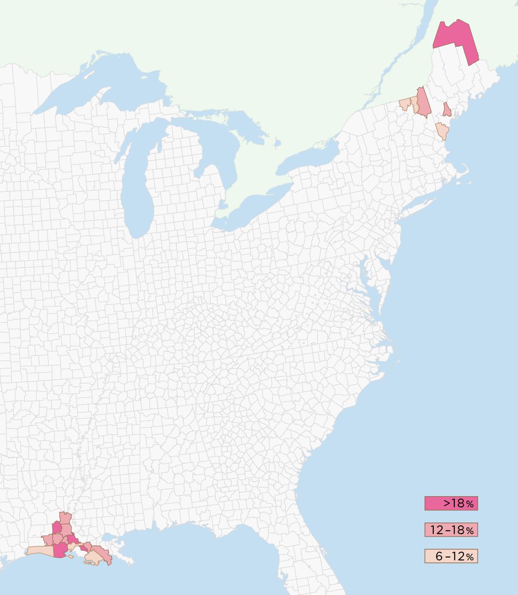 Distribution of French in the United States. <6% of the county's population speaks French at home 6–12% 12–18% >18% Cajun French and French-