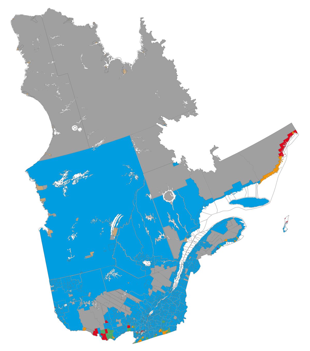English (en): Linguistic map of the province of Quebec (source: Statistics Canada, 2006 census) francophone majority, less than 33% anglopho