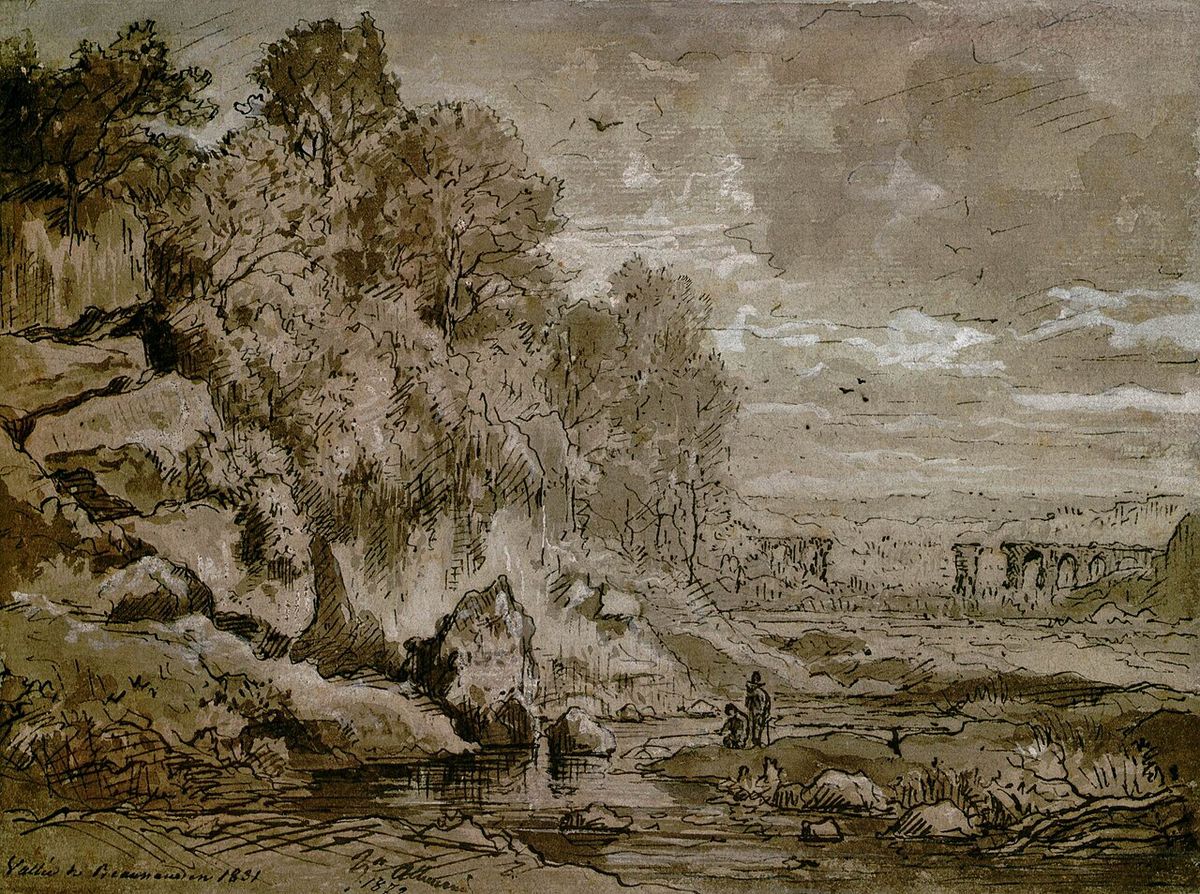 Vallée de Beaunaudon, dessin à la plume lavé de sépia avec rehauts de blanc par Louis-Hector Allemand (1872). Musée Fabre, Montpellier, Fran
