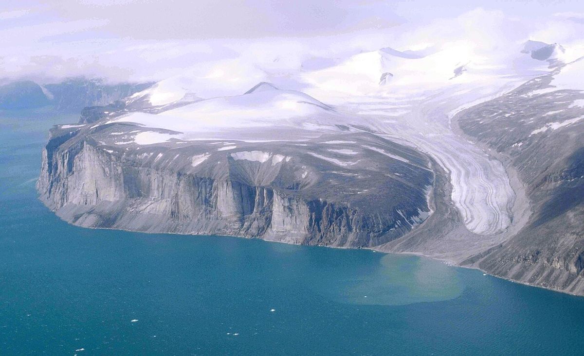 Tongue of a glacier in the Remote Peninsula; western shoreline of Sam Ford Fjord about 15 km (9.3 mi) from its mouth. Northeast coast of Baf