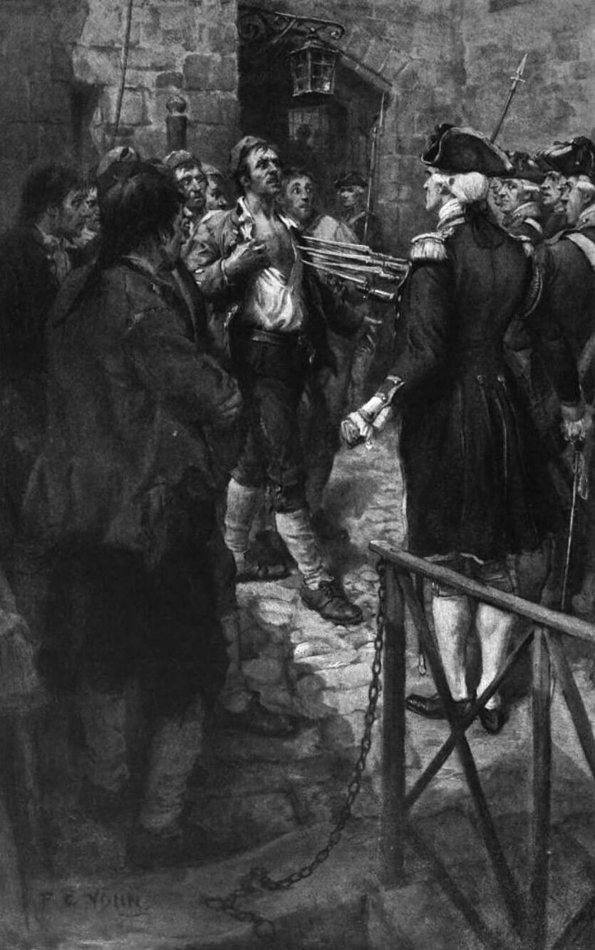This is a print of an engraving depicting Ethan Allen being held captive before Captain Prescott in Montreal, 1775. It has been slightly cro