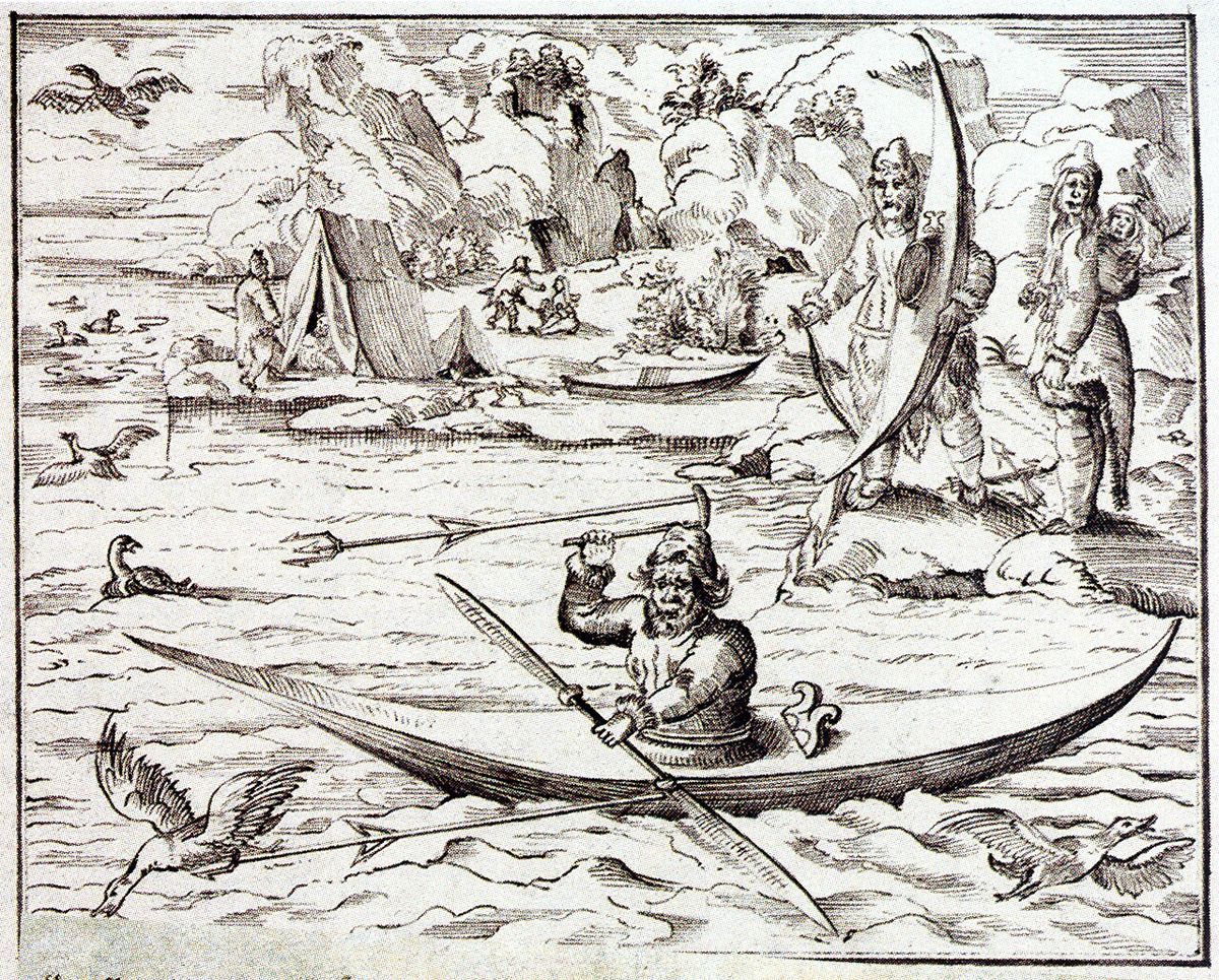 Illustration of Inuit from a voyage by Martin Frobischer in the 16th century. From: Beschreibung der Schiffart des Haubtmans Martini Forbißh