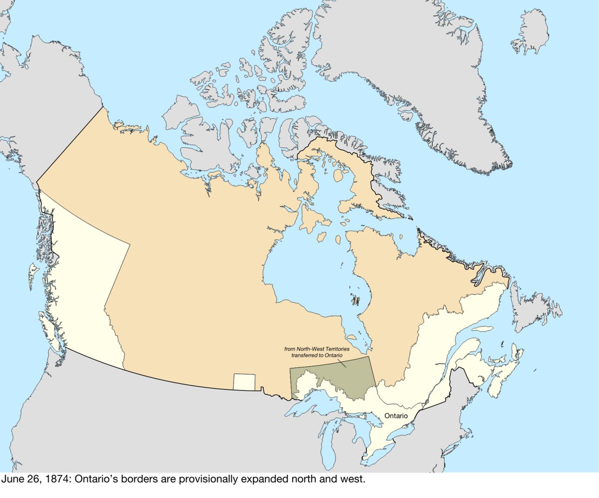 Map of the change to Canada on June 26, 1874. The borders of Ontario were provisionally expanded north and west. When the Province of Canada