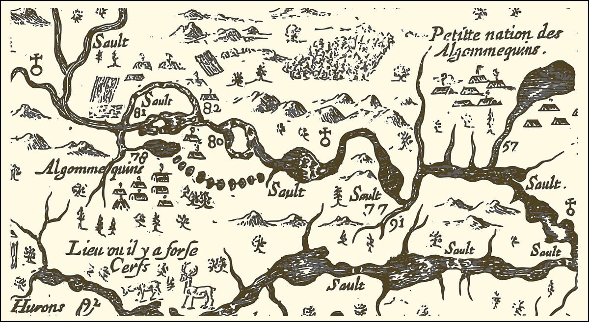 An extract from a map of the eastern reaches of New France, showing a portion of the Ottawa River. The map was created in 1632 by Samuel de