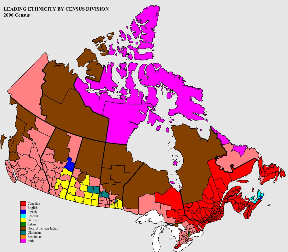 Map of the dominant self-identified ethnic origins of ancestors per census division. Actual physical origins of ancestors may be different.