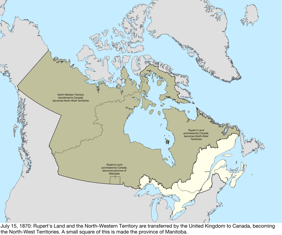 Map of the change to Canada on July 15, 1870. The United Kingdom transferred most of its remaining land in North America to Canada, with the