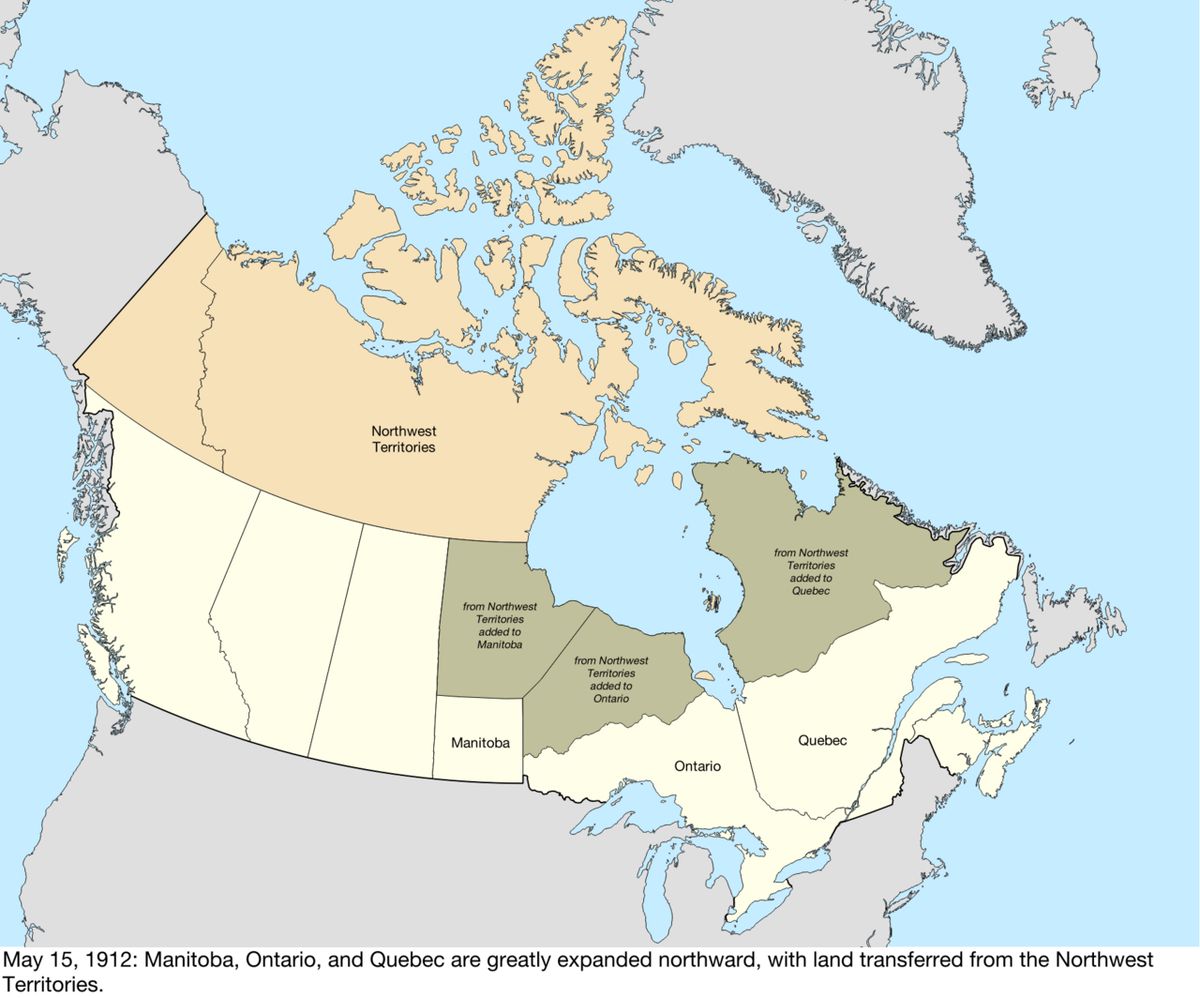 Map of the change to Canada on May 15, 1912. Manitoba, Ontario, and Quebec were all expanded northward into land from the Northwest Territor
