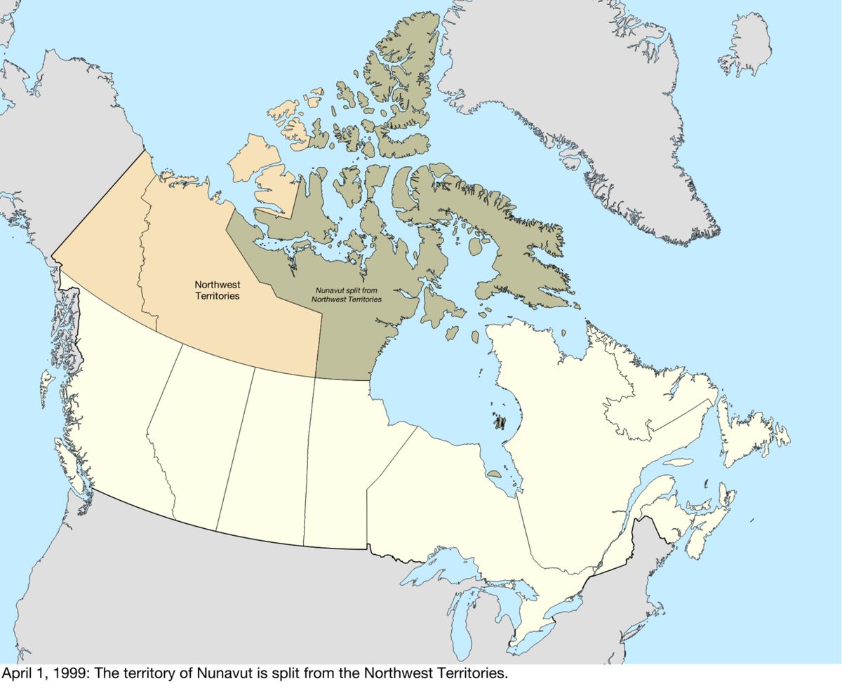 Map of the change to Canada on April 1, 1999. The territory of Nunavut was created from roughly the eastern half of the Northwest Territorie