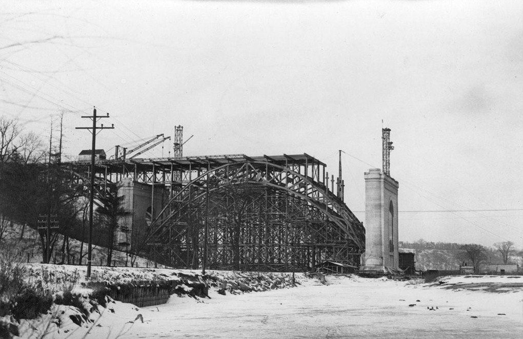 East end of the Prince Edward ("Bloor") Viaduct under construction. Toronto, Ontario, Canada.