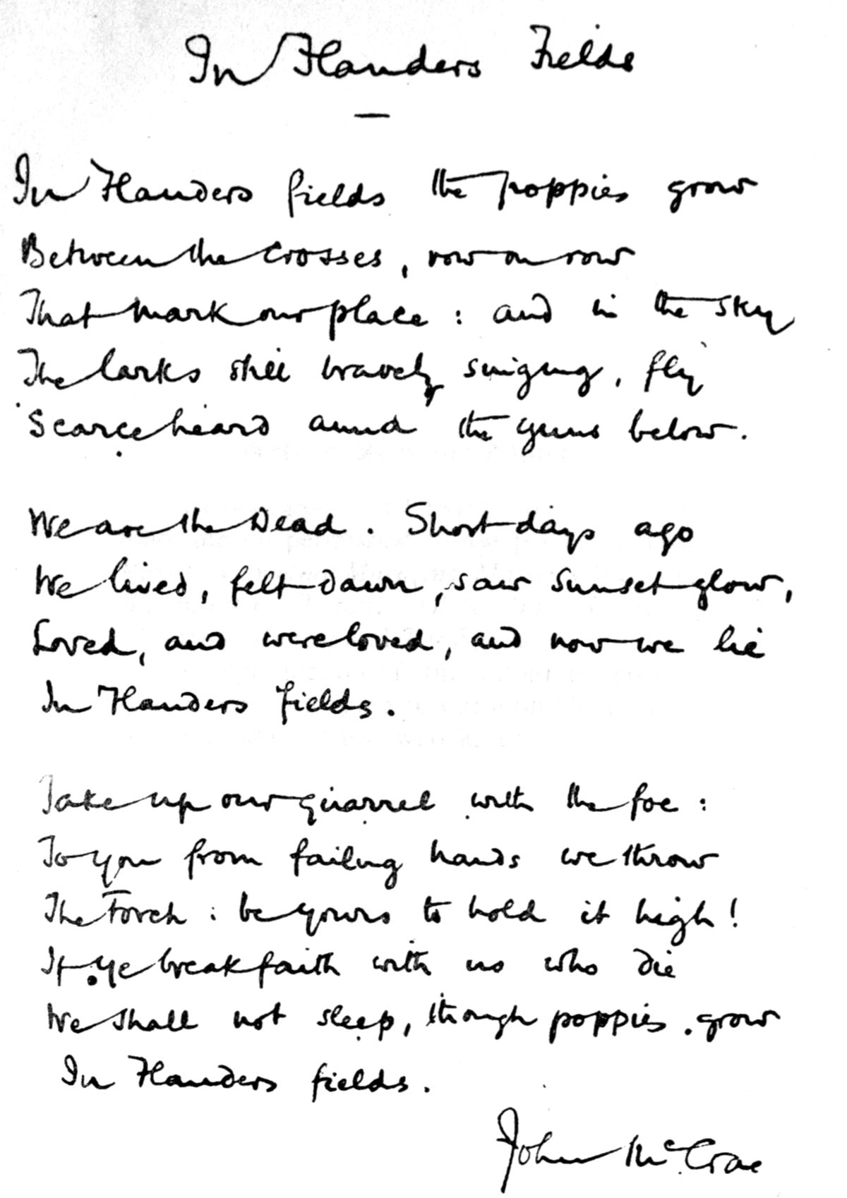 Facsimile of handwritten version of McCrae's "In Flanders Fields", in a volume of his poetry where an acknowledgement is given "The reproduc