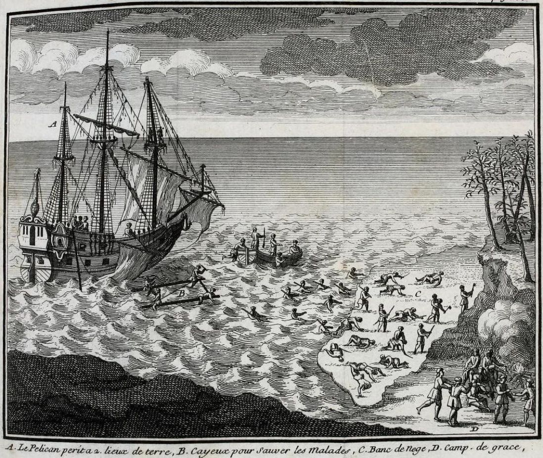 The French ship Pélican sinks following the en:Battle of Hudson's Bay (1697). From Histoire de l'Amérique septentrionale by Claude-Charles B
