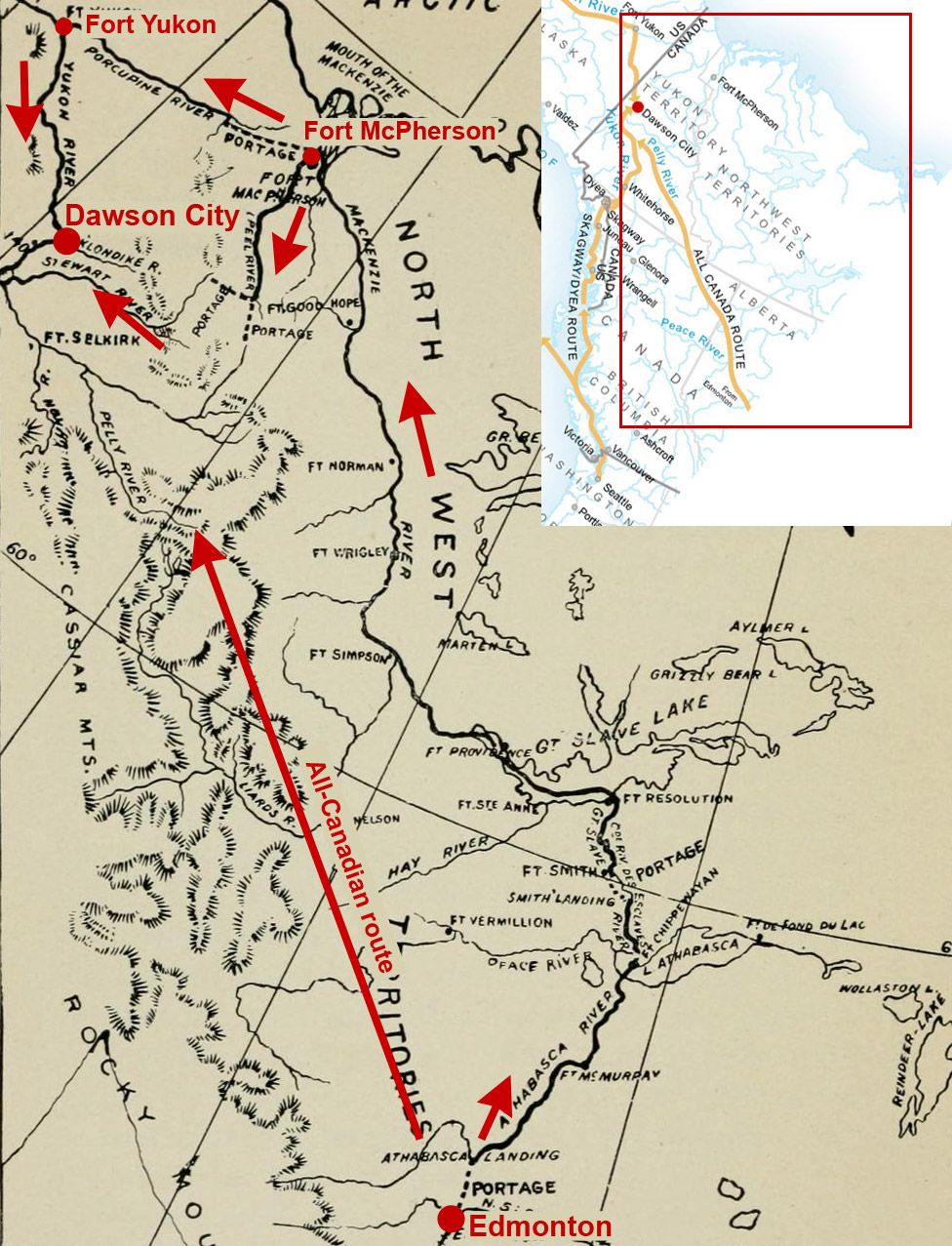 Modified map of back door route. Based on: Back Door Route Via Athabasca and Mackenzi Rivers.jpg and Klondike Routes Map2.png