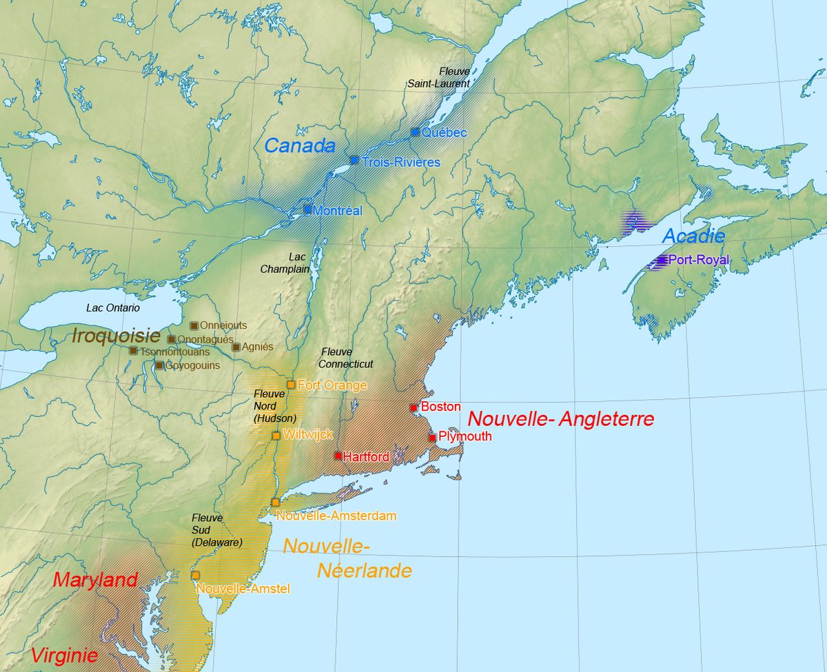 Political map of the main european establishment in North America by 1664Blue : FrenchOrange : DutchRed : EnglishPurple : French territories