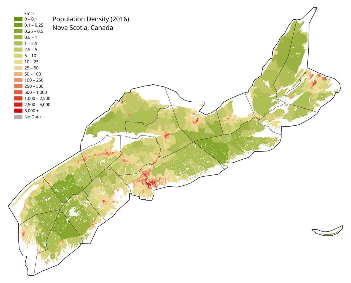 Population density map of Nova Scotia, Canada. Boundary open data and final counts from Canadian 2016 Census accessed on April 22 2018. Wate