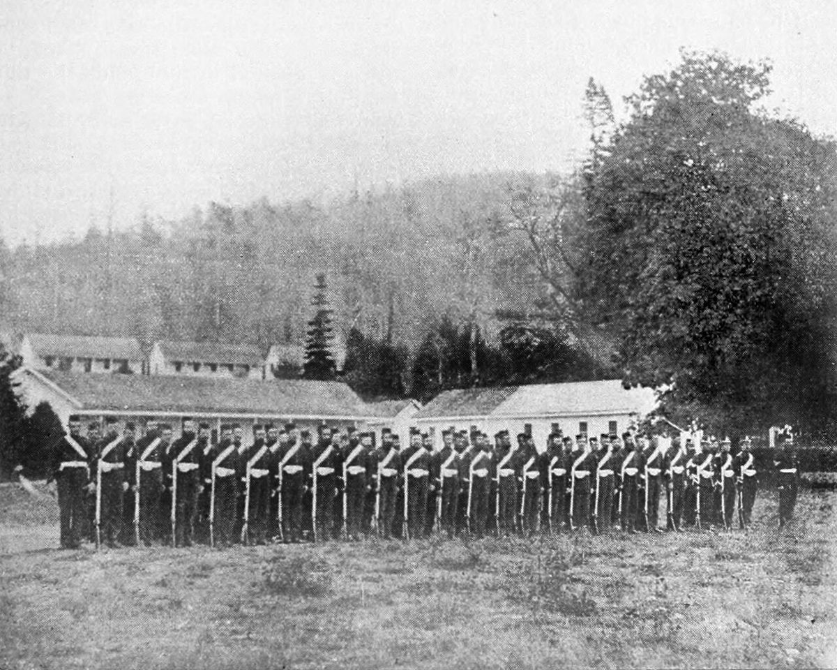 British troops evacuate English Camp on San Juan Island, Washington Territory, in 1872, following resolution of boundary dispute by arbitrat