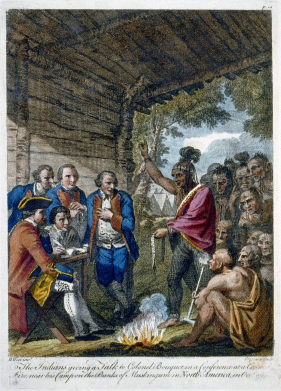 "The Indians giving a talk to Colonel Bouquet in a conference at a council fire, near his camp on the banks of Muskingum in North America in