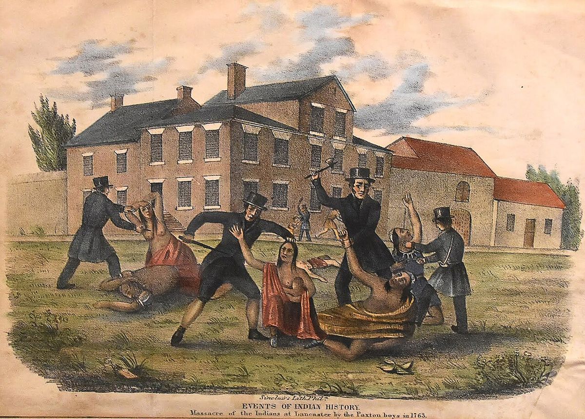 19th century lithograph of the Paxton Boys' massacre of the Indians at Lancaster, Pennsylvania. This lithograph tells the story of the 1763