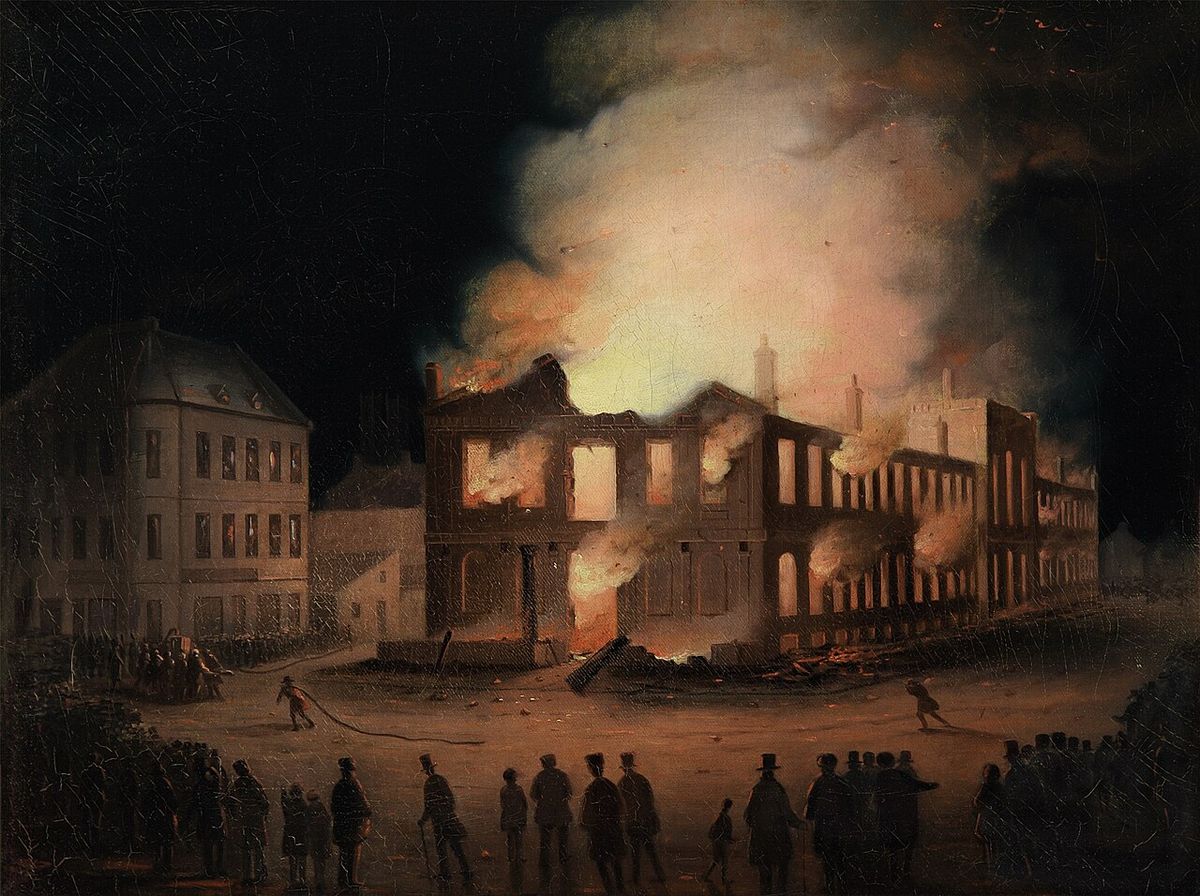 French: L'incendie du Parlement à Montréaltitle QS:P1476,fr:"L'incendie du Parlement à Montréal"label QS:Lfr,"L'incendie du Parlement à Mont