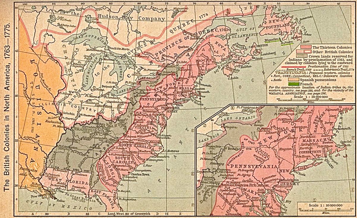 Map of the British colonies in North America, 1763 to 1775. This was first published in: Shepherd, William Robert (1911) "The British Coloni