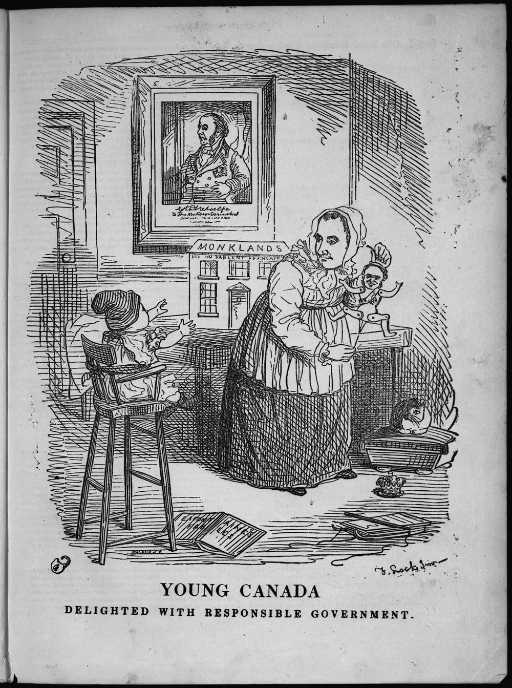 Punch in Canada published this political cartoon by [Frederick William Lock] on February 3, 1849 titled Young Canada delighted with Responsi