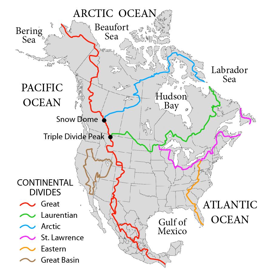 Map showing the major Continental divides of North America, following the style of File:NorthAmericaDivides.gif and intended as a replacemen