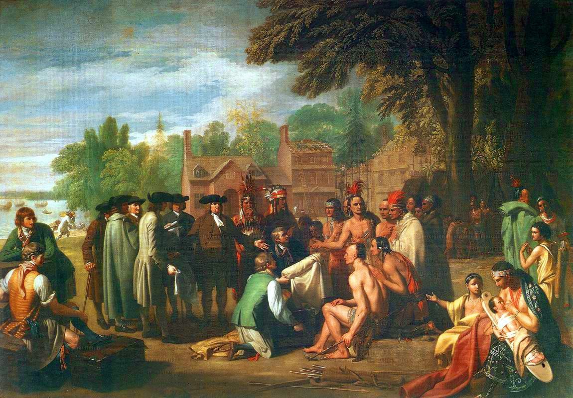 Title: The Treaty of Penn with the Indians. William Penn's 1682 treaty with the Lenape depicted in Penn's Treaty with the Indians, a 1771 po