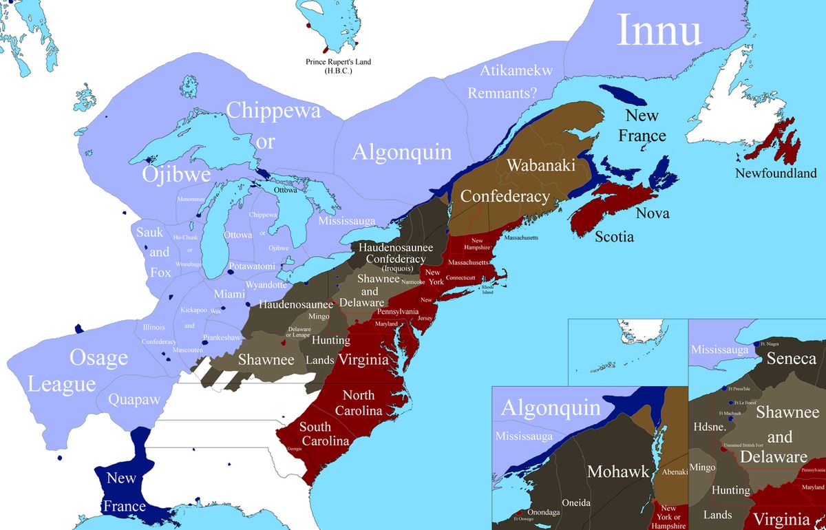 The Extent of both French and British Territories in North America in 1754. Both the Iroquois and Wabanaki Confederacies are also shown as i