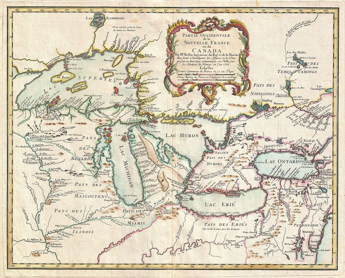 A rare and extremely influential 1755 map of the Great Lakes drawn by Jacques Nicolas Bellin. This map, which appeared in the 1755 issue of 