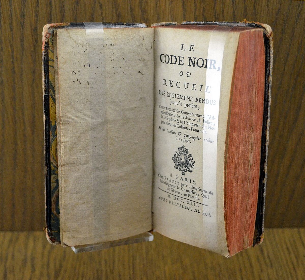 Code noir (1742 edition) exhibited at Nantes history museum