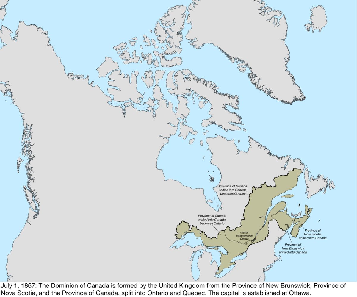 Map of the change to Canada on July 1, 1867. The Dominion of Canada was formed by the United Kingdom from three provinces of British North A