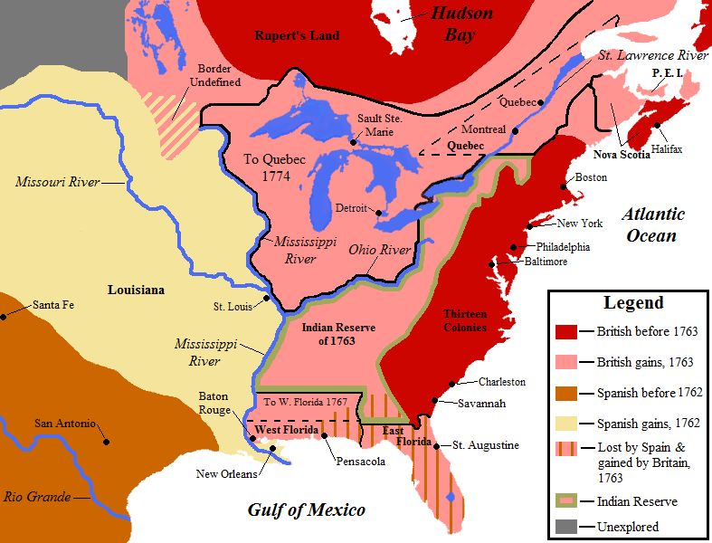 Map showing territorial gains of Britain and Spain following the French and Indian War. Also shown are boundary changes within the territory