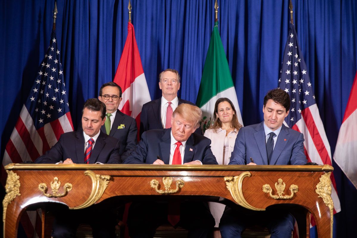 President Donald J. Trump is joined by Mexican President Enrique Pena Nieto and Canadian Prime Minister Justin Trudeau at the USMCA signing 