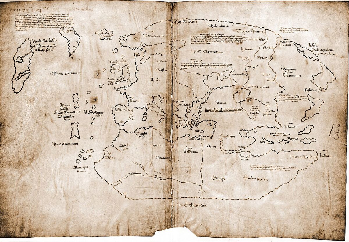 The Vinland map / chart is purportedly a 15th century Mappa Mundi, redrawn from a 13th century original. Drawn with black ink on animal skin