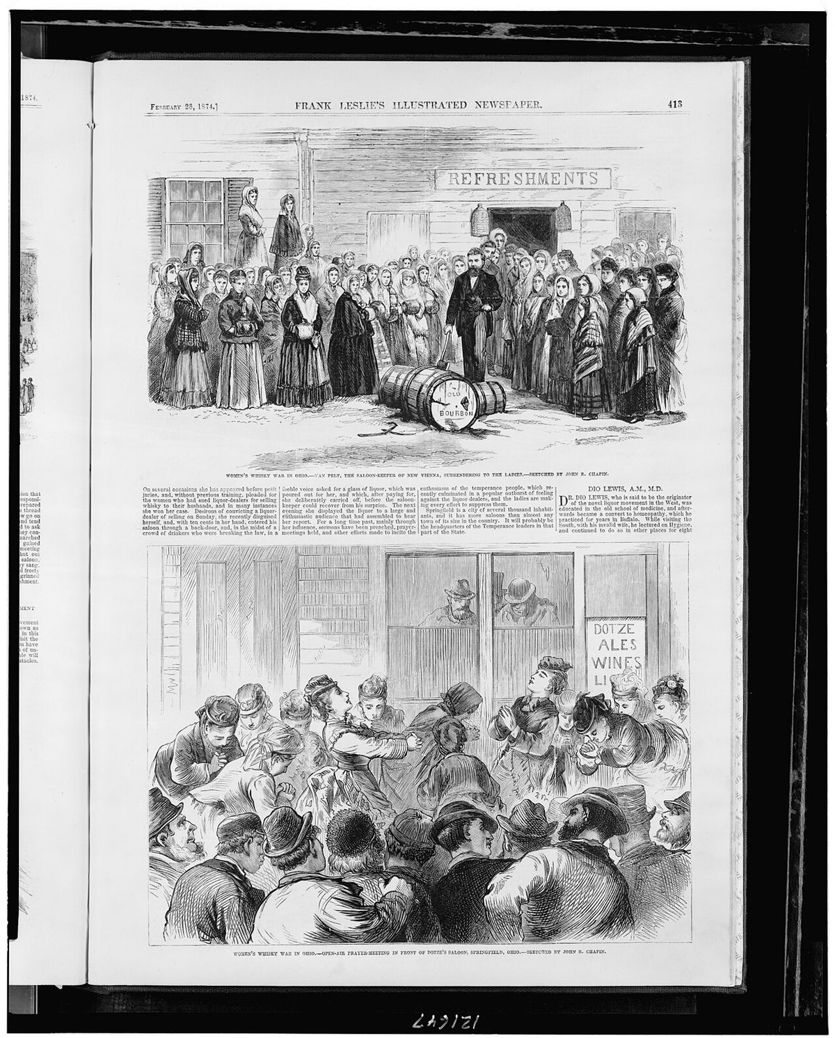 Title: Women's whisky war in Ohio / sketched by John R. Chapin. Abstract/medium: 2 prints : wood engraving.