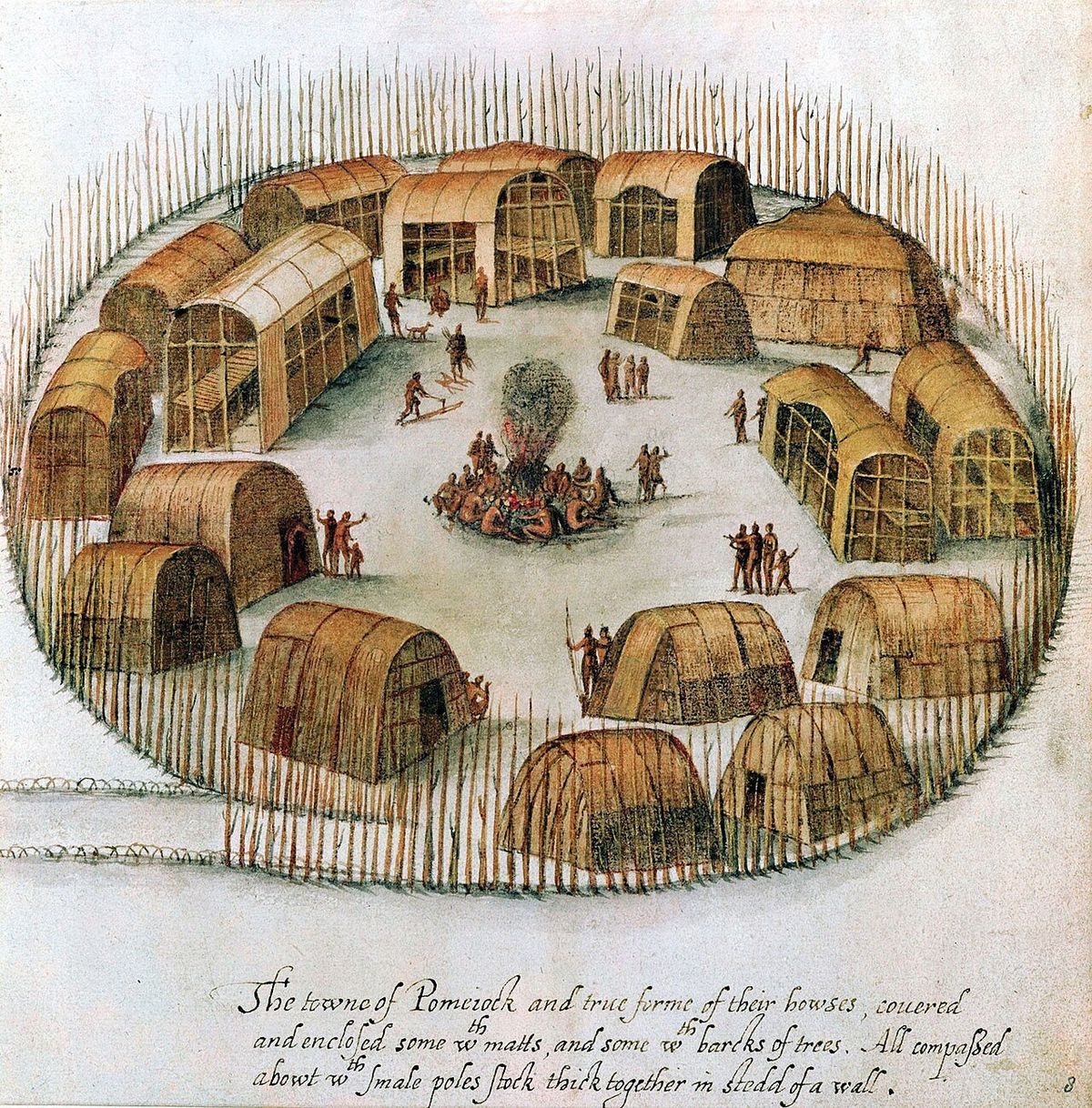 General notes: Artwork. Caption reads: "The towne of Pomeiock and true forme of their howses, covered and enclosed some with matts, and some